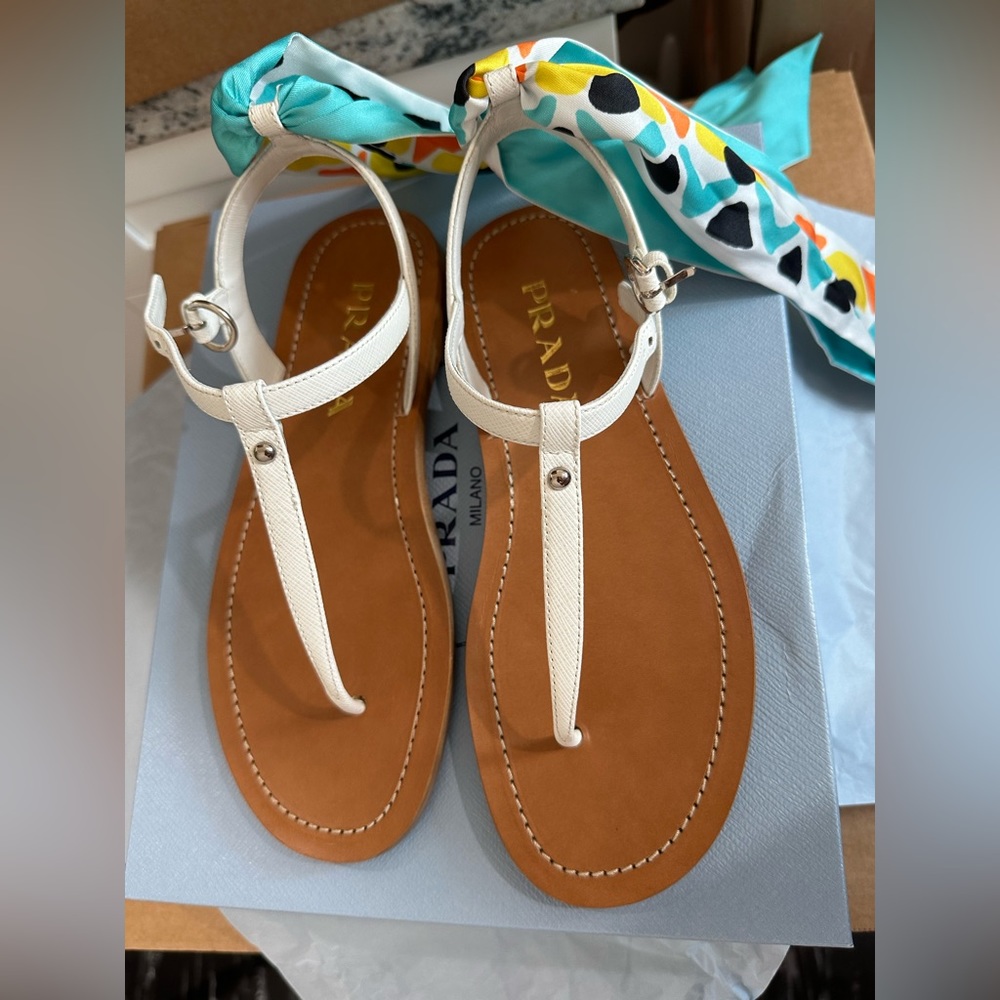 Prada sandals with removable scarf.